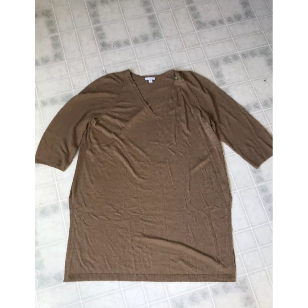 J.Jill XL Petite Linen Sweater Tunic Brown Side Slit V Neck Minimalist‎ Capsule